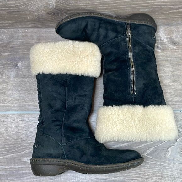 Ugg Karyn Black Suede Warm Shearling Cuff Women’s Sz 5 Zip Pull On Winter Boots - Picture 10 of 12